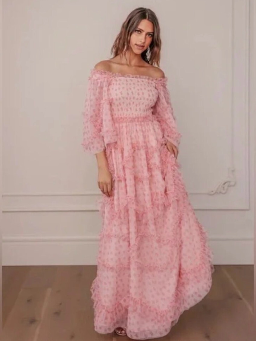 Jessakae Women’s Pink Ruffle Ever After Pink Floral Maxi Dress Size Small